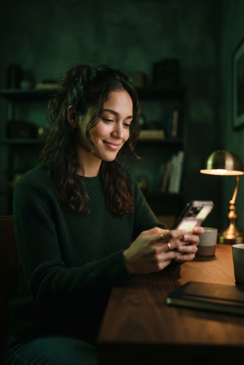Young woman in a green sweater looks at a smartphone at a warmly lit wooden desk.